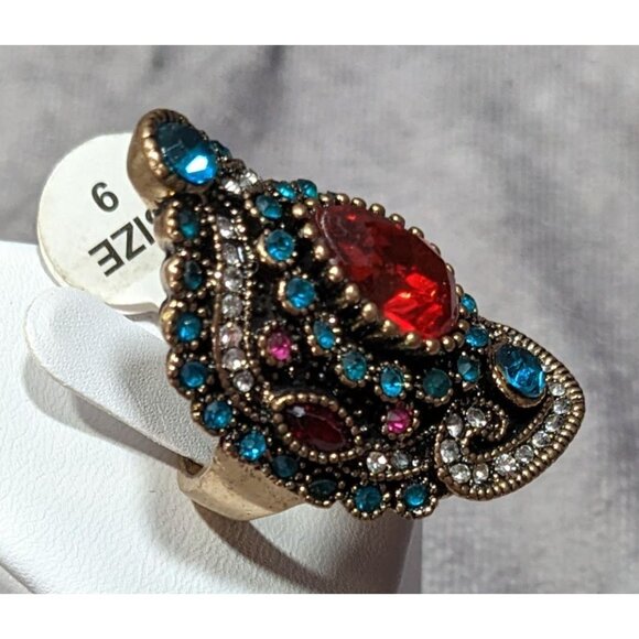 Bohemian Glam Red And Blue Gemmed Cocktail Ring - Picture 3 of 7